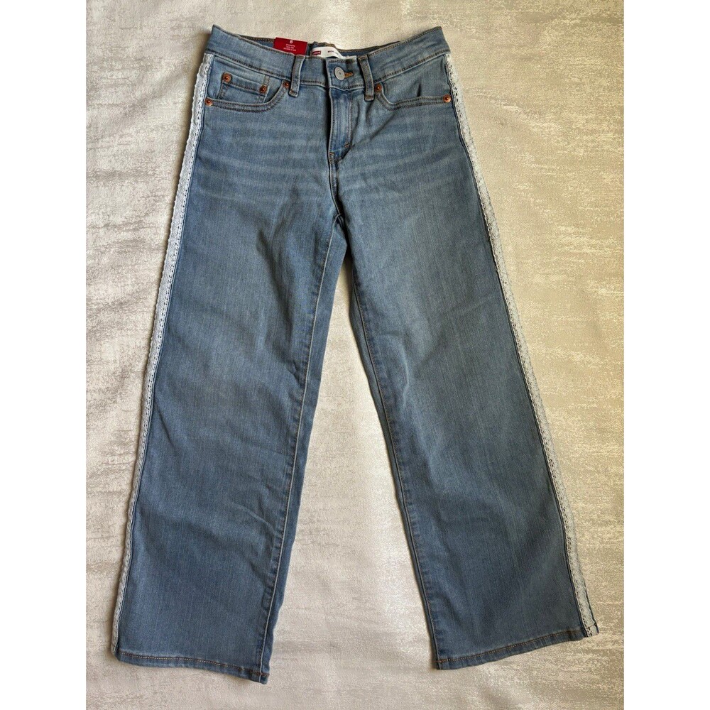 Levi's Girls Wide-Leg Adjustable Waist  Size 8 Light Wash Lace Trim  Pockets NWT